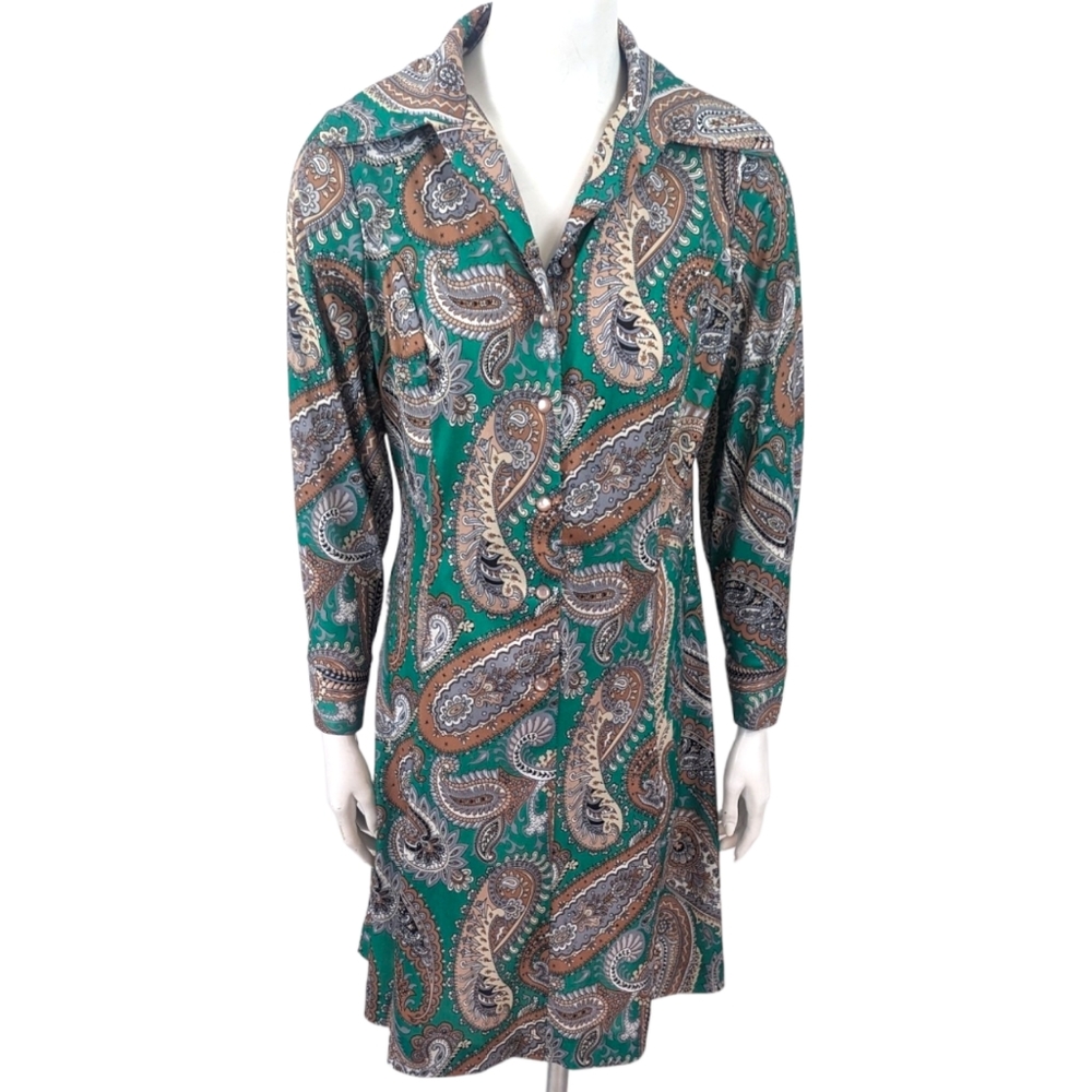 Vintage 70s 60s Paisley Shirt Dress Womens Large Polyester Green Shift